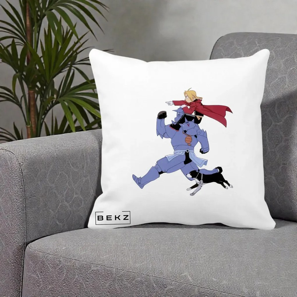 Perna Personalizata Fullmetal Alchemist Edward si Alphonse, 40x40 cm, Alba Mata, Husa Detasabila, Perna Inclusa, BEKZ®
