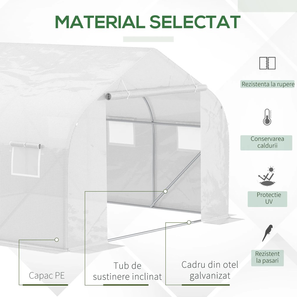 Outsunny Sera pentru grădină cu acoperiș din PE cu țevi din fier, alb, 3,5x3x2m | Aosom Romania