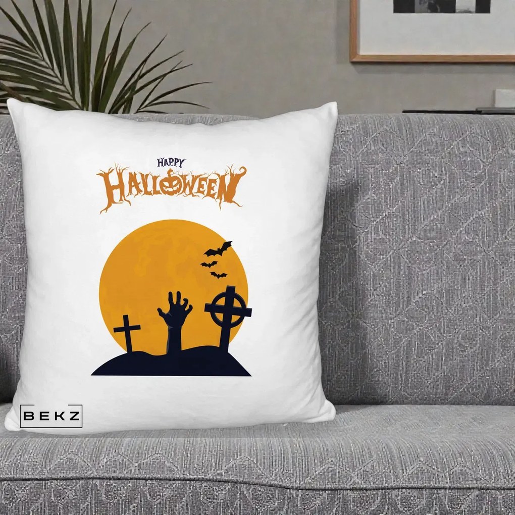 Perna Decorativa Happy Halloween Cimitir cu Luna, 40x40 cm, Alb Pufos, Husa Detasabila, Perna Inclusa, BEKZ®