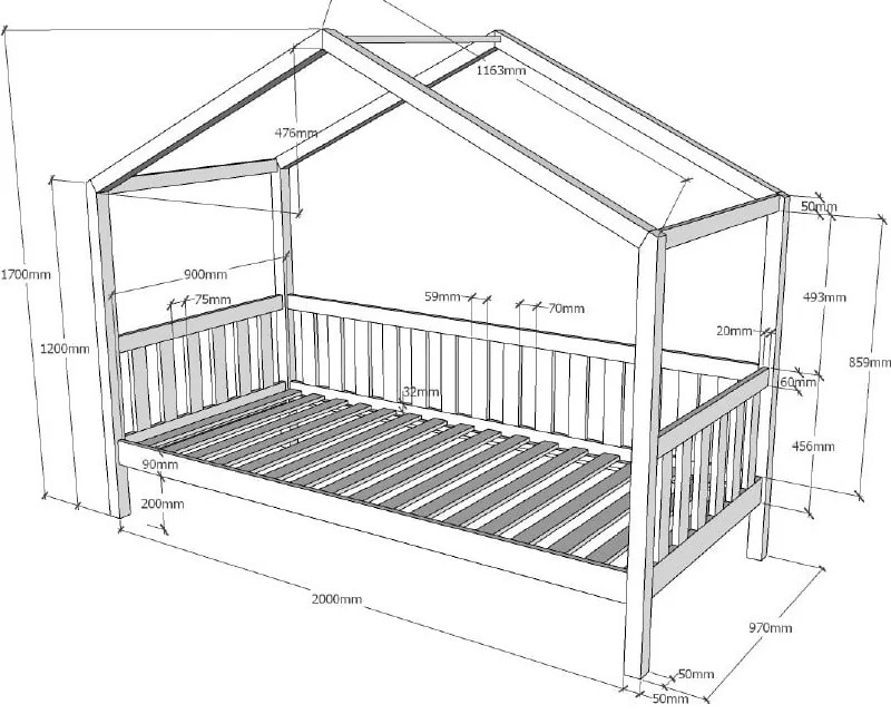 Pat pentru copii gri antracit de tip casă din lemn masiv de pin 90x200 cm DALLAS – Vipack