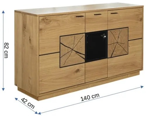 Bufet Urbano Oak Cu 3 Usi Si 1 Sertar, Stejar Rustic Si Negru, 140 Cm