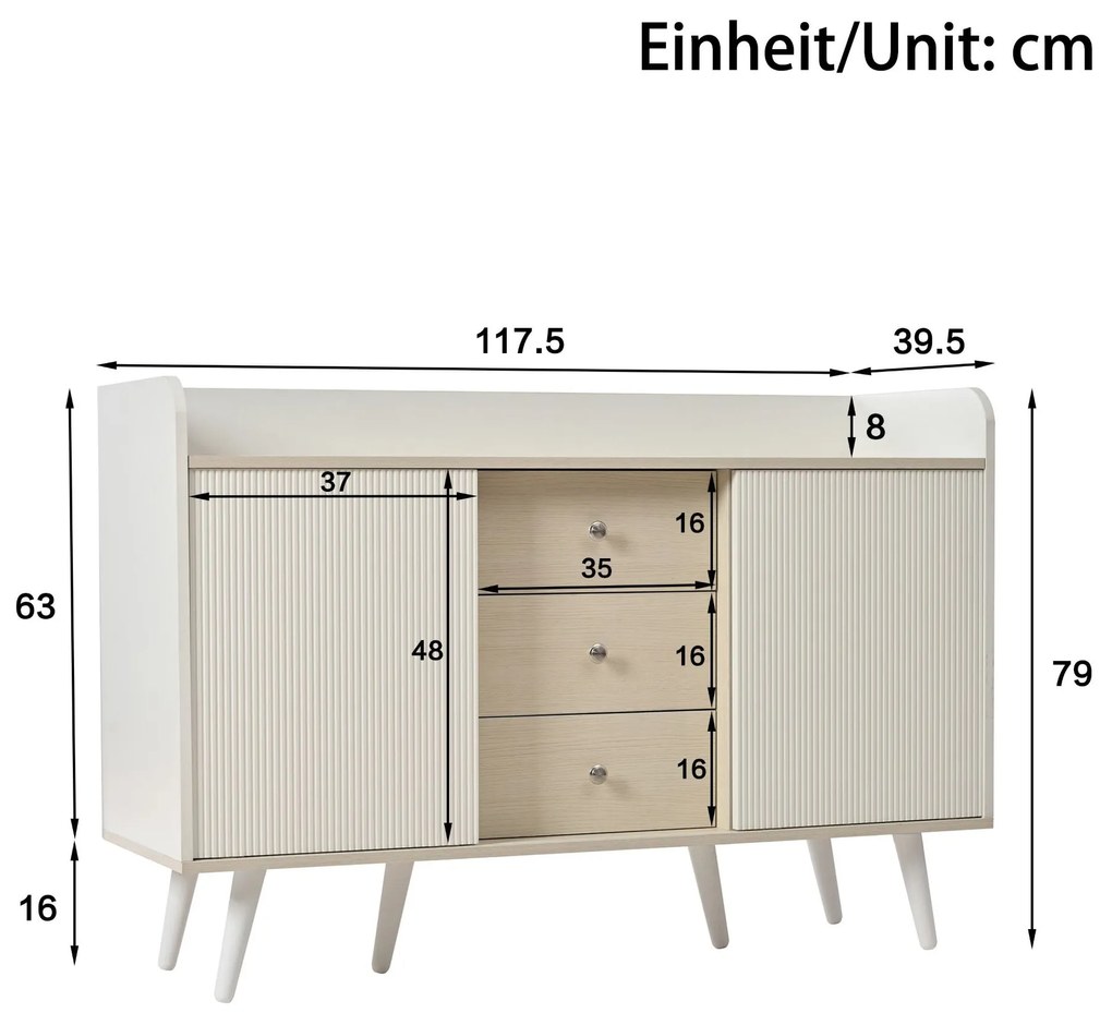 Comodă cu 3 sertare, uși glisante în dungi, 117,5x39,5x79 cm, Alb