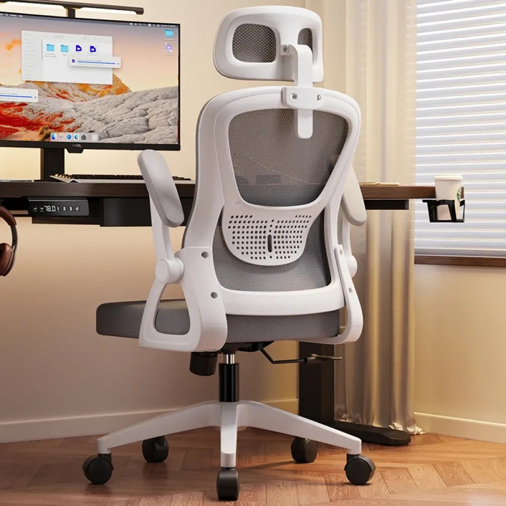 Scaun ergonomic, reglaje multiple, suport lombar, tetieră ajustabilă, Alb/Gri