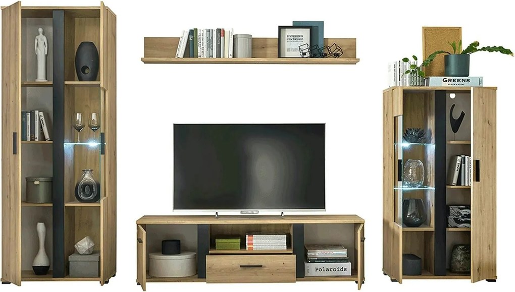 Mobilier living KANODE, stejar artisan/negru, PAL laminat/sticla, cu i