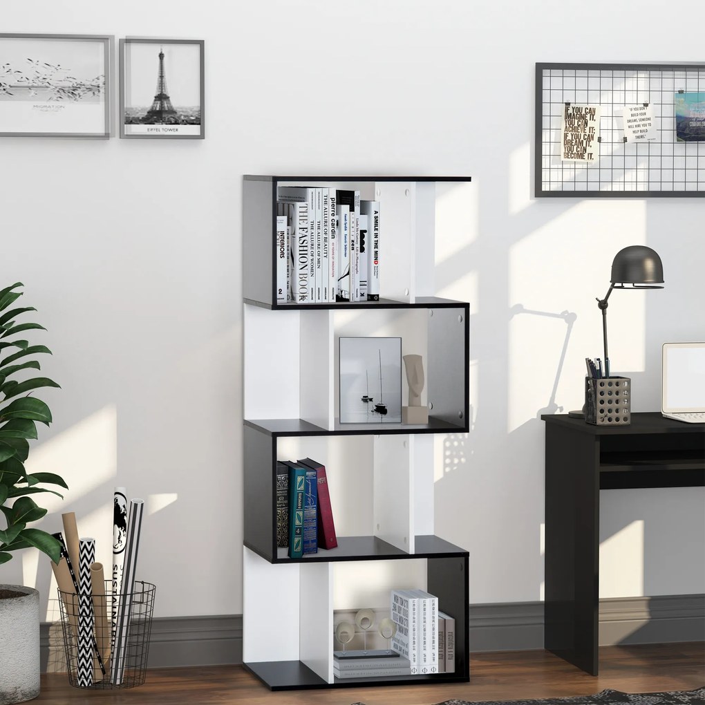 HOMCOM Bibliotecă Rafturi Mobilier Depozitare Design Contemporan în S 4 rafturi 60L x 24l x 148H cm Negru Alb | Aosom Romania