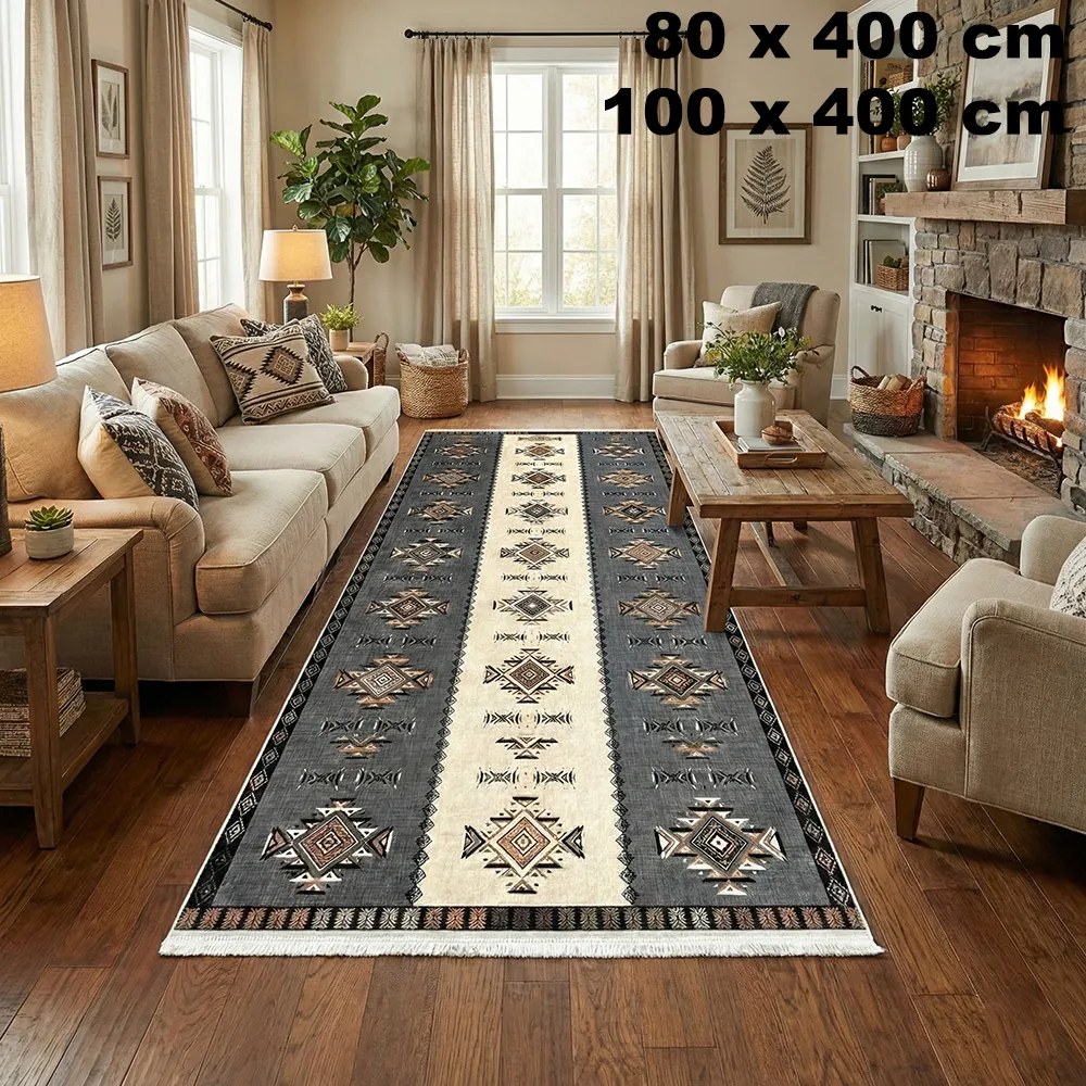 Traversa hol antiderapanta, 100x400 cm, model etnic, gri cu bej