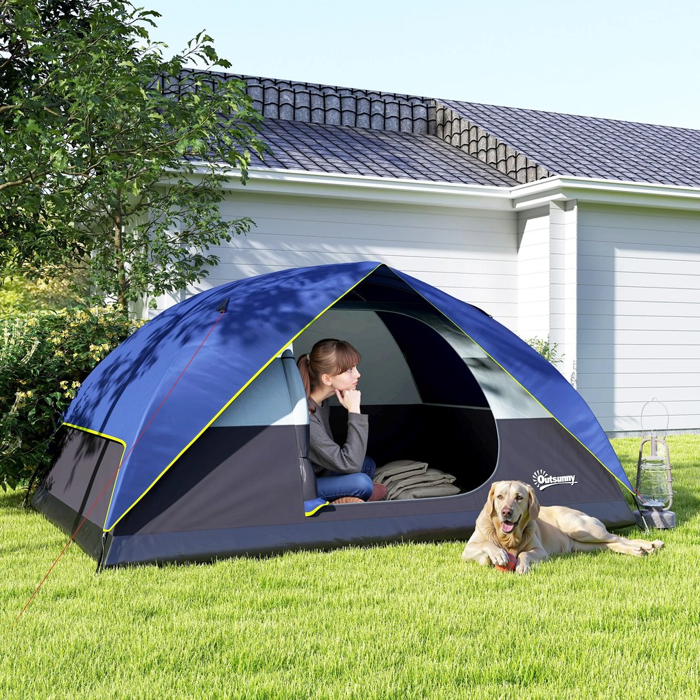 Outsunny Cort de camping 2-4 persoane, cort dôme familial impermeabil, cu fereastră, 2 buzunare, sac de transport, albastru închis | Aosom Romania