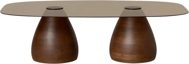 Măsuță de cafea din sticlă și lemn de mango, fumuriu și maro, cu blat dreptunghiular rotunjit și 2 baze bombate, 38 x 140 x 80 cm, „Ganache”