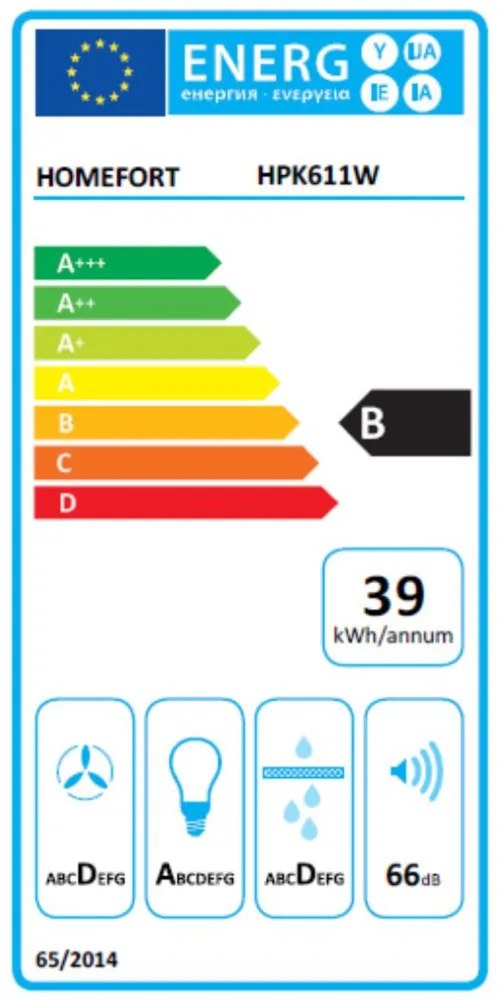Hotă extractibilă HOMEFORT HPK611W, încorporată, iluminare LED, 1 motor, 408 m3/h, 54-66 dB, lățime 60 cm, B