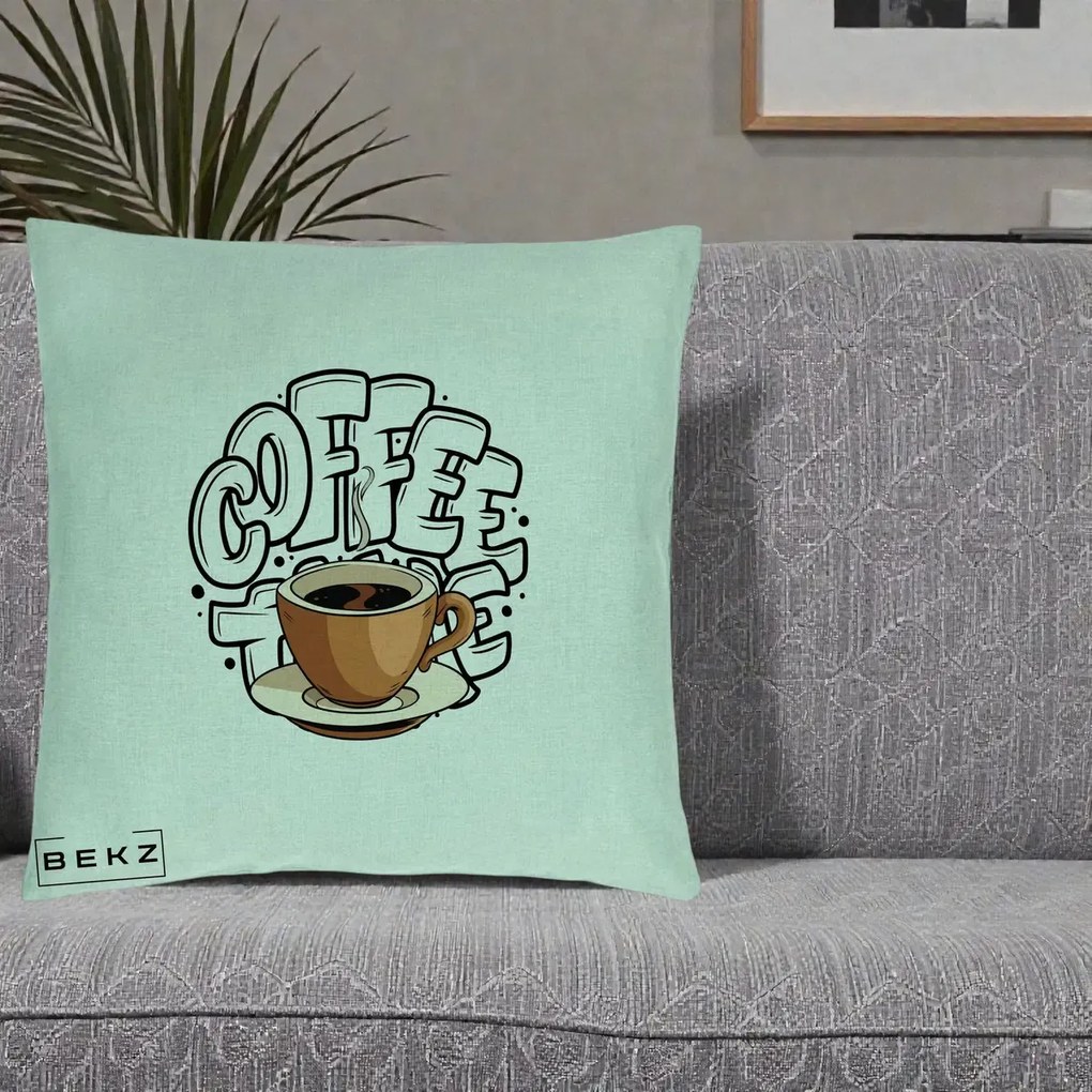 Perna Personalizata COFFEE cu Cana, 40x40 cm, Verde Menta, Husa Detasabila, Perna Inclusa, BEKZ®