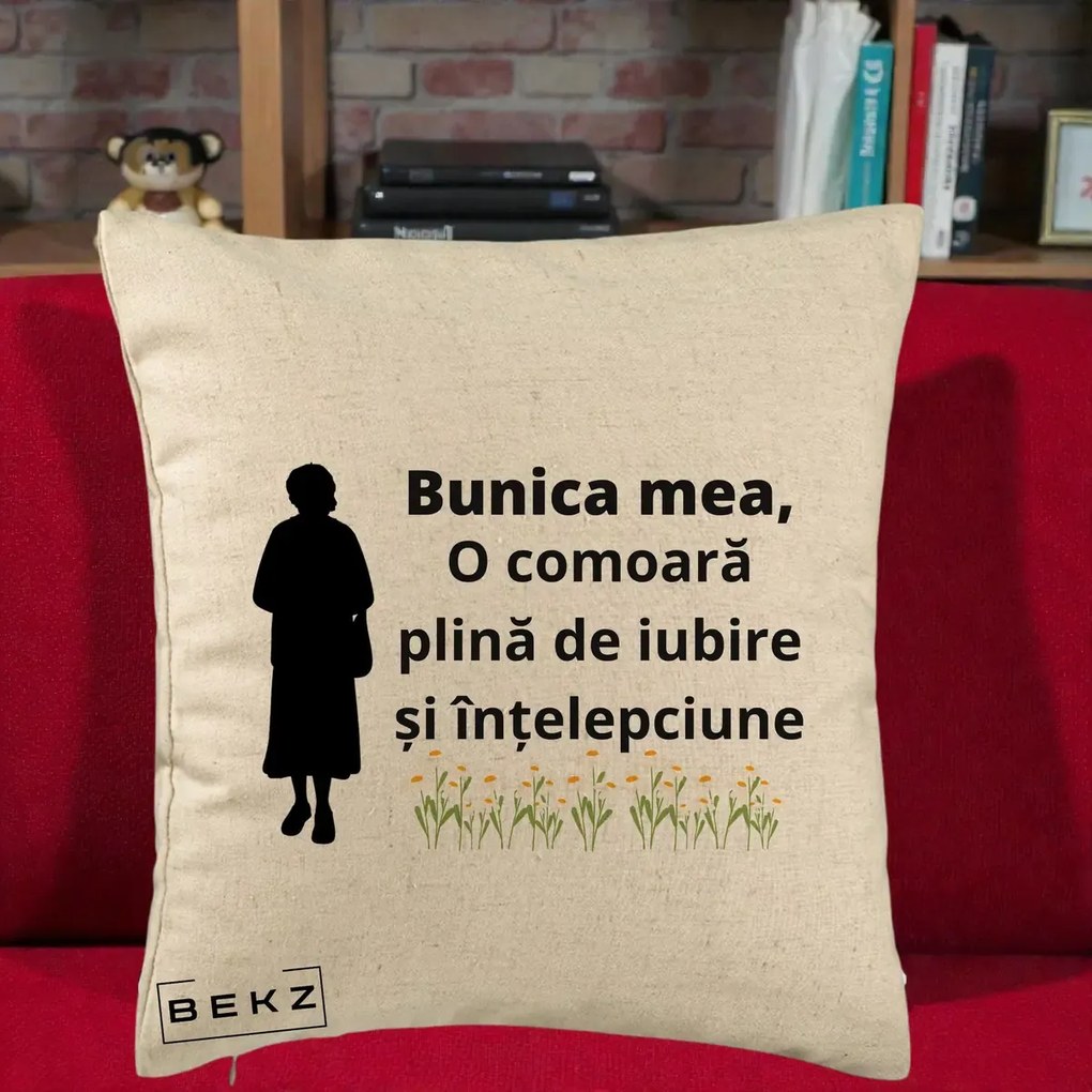 Cadou pentru Bunica - Perna Personalizata Bunica Mea Comoara Iubire Intelepciune Silueta cu Nepoata, 40x40 cm, Bej, Husa Detasabila, Perna Inclusa, BEKZ®