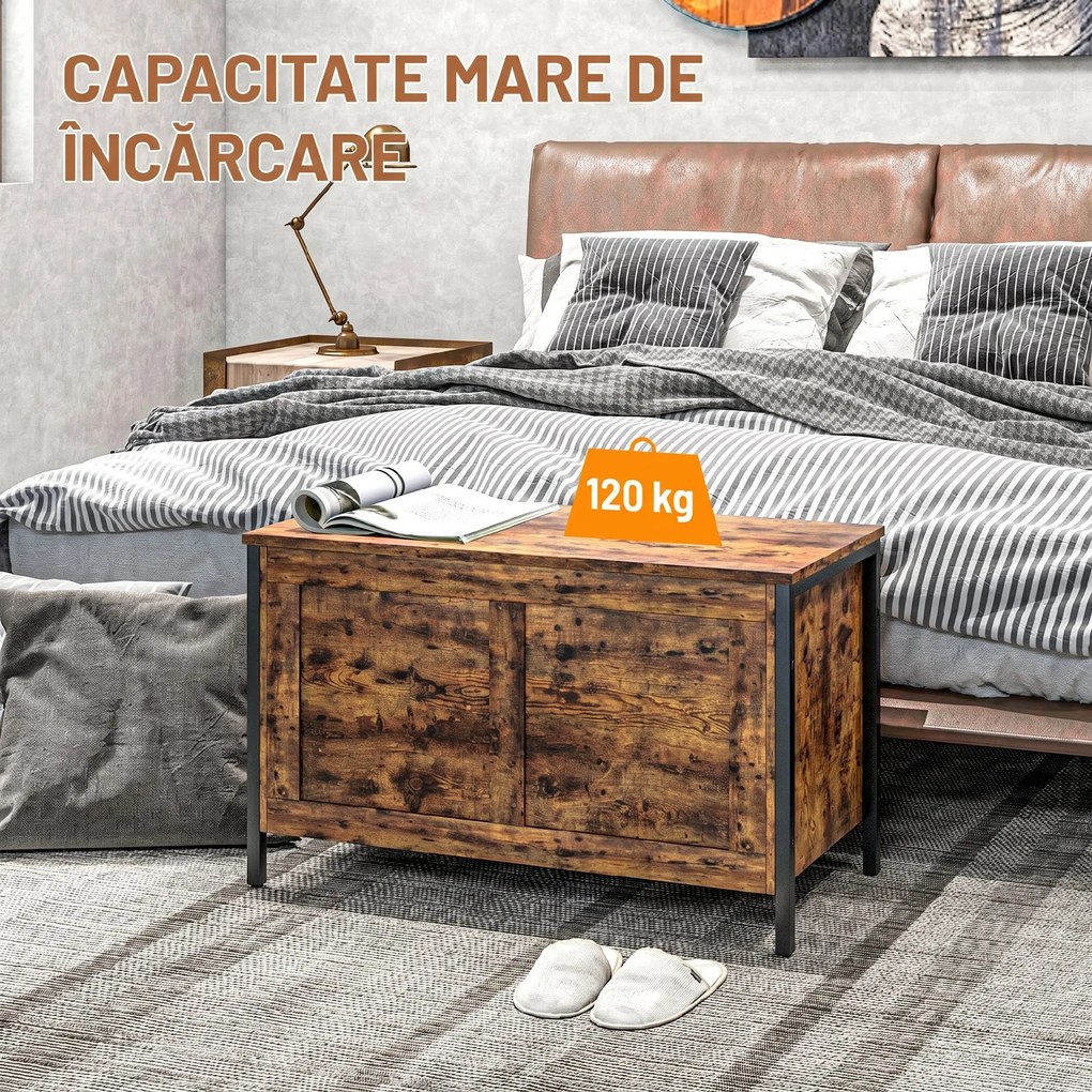 HOMCOM Bancă de Depozitare de 95L în Stil Industrial cu Capac cu Balamale de Siguranță, 80x40x49 cm, Maro Rustic | Aosom Romania