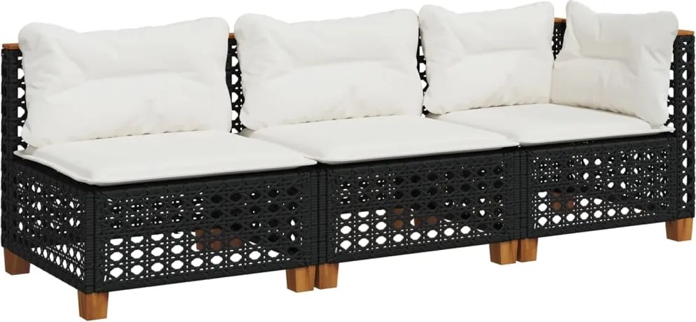 vidaXL Canapea de grădină cu perne, 3 locuri, negru, poliratan