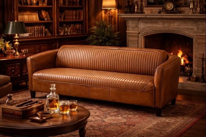 Canapea 2 locuri din piele naturală, cognac, aspect vintage, Pilot, 175 x 86 x 68 cm