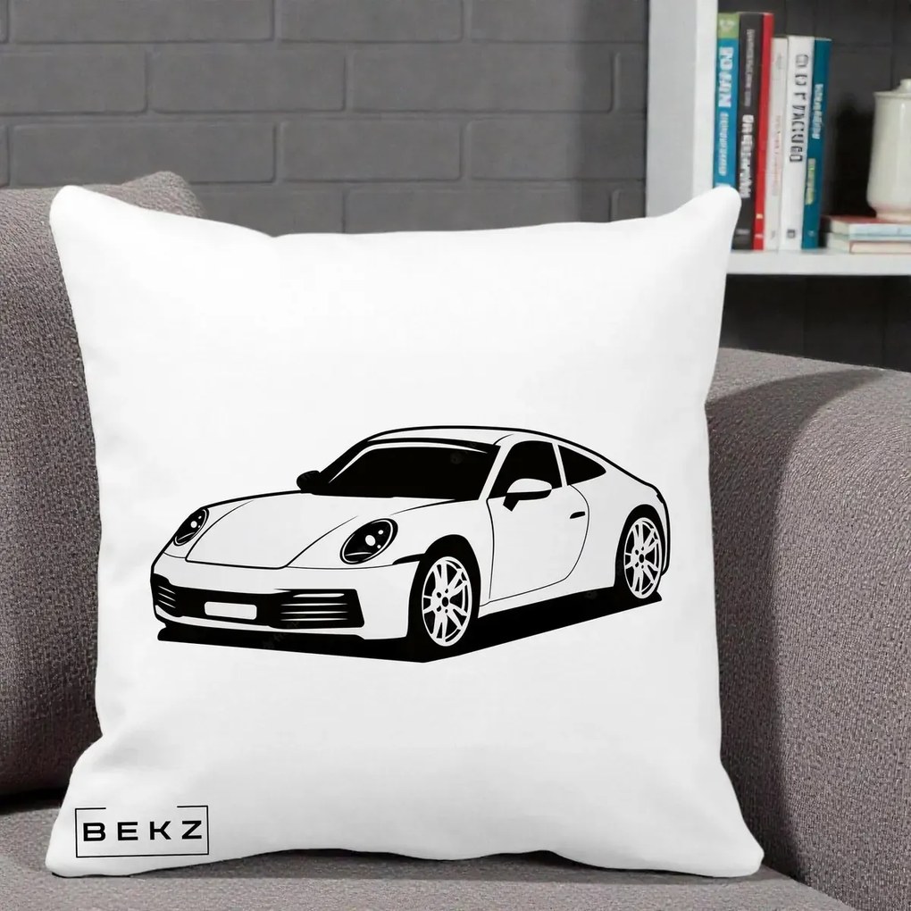 Perna Personalizata Porsche 911 Silueta, 40x40 cm, Alba Mata, Husa Detasabila, Perna Inclusa, BEKZ®
