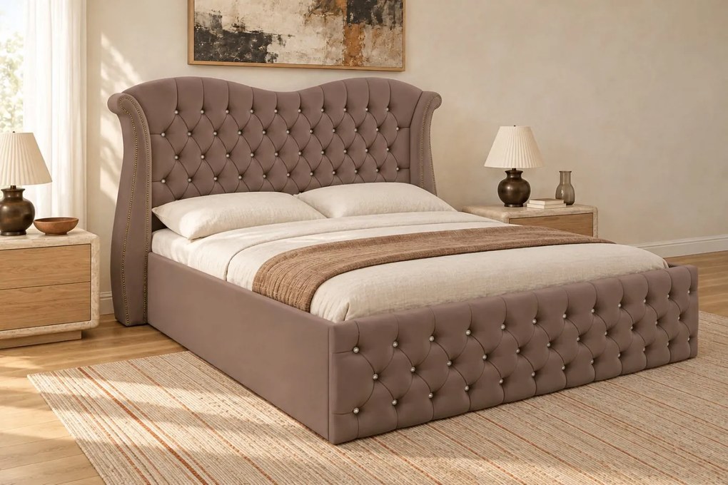 Pat tapițat Chesterfield Avella 160×200 cm, cappuccino, cu ladă de depozitare