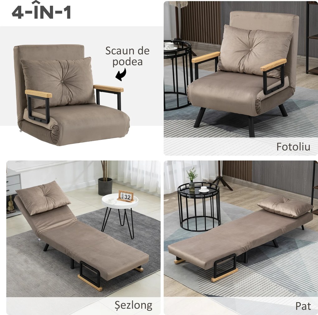 HOMCOM Fotoliu Pat Extensibil 3 în 1 cu Spatar Reglabil și Perna Detasabilă pentru Cameră de Zi sau Dormitor, Gri Deschis | Aosom Romania