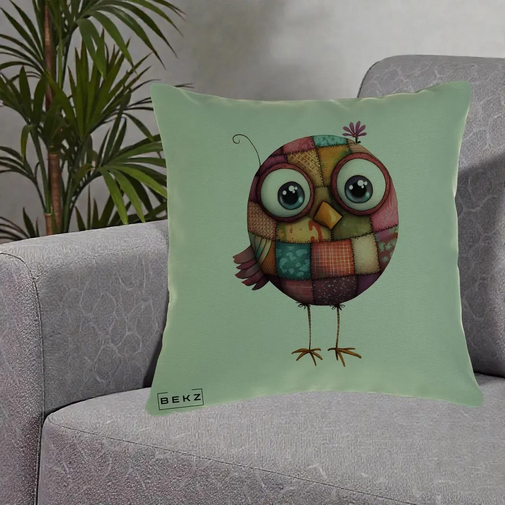 Perna Decorativa Pasare Patchwork Roz cu Floare, 40x40 cm, Verde, Husa Detasabila, Perna Inclusa, BEKZ®