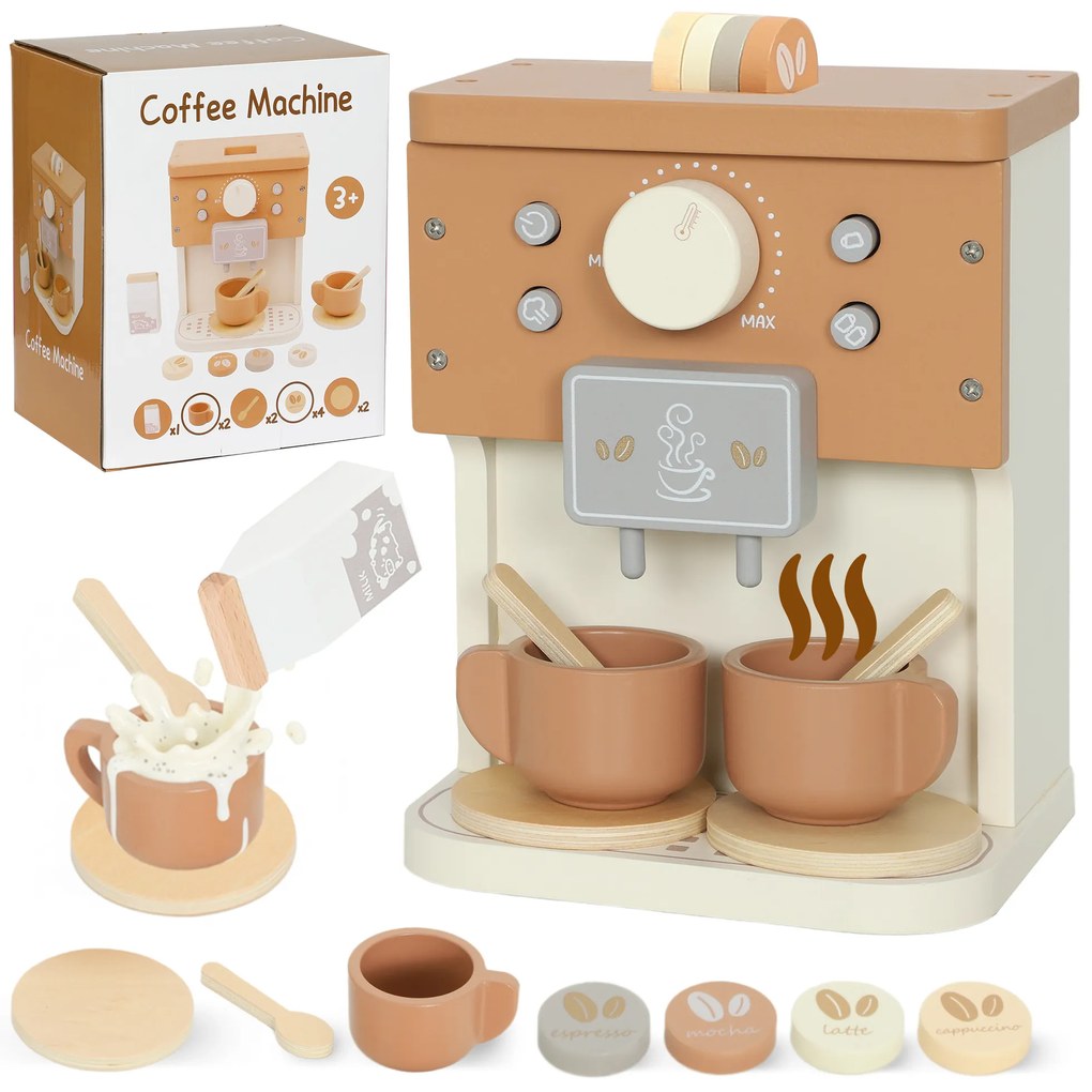 AIYAPLAY Set de joacă cu mașină de cafea din lemn, pentru copii de 3 ani cu accesorii, Maro | Aosom Romania