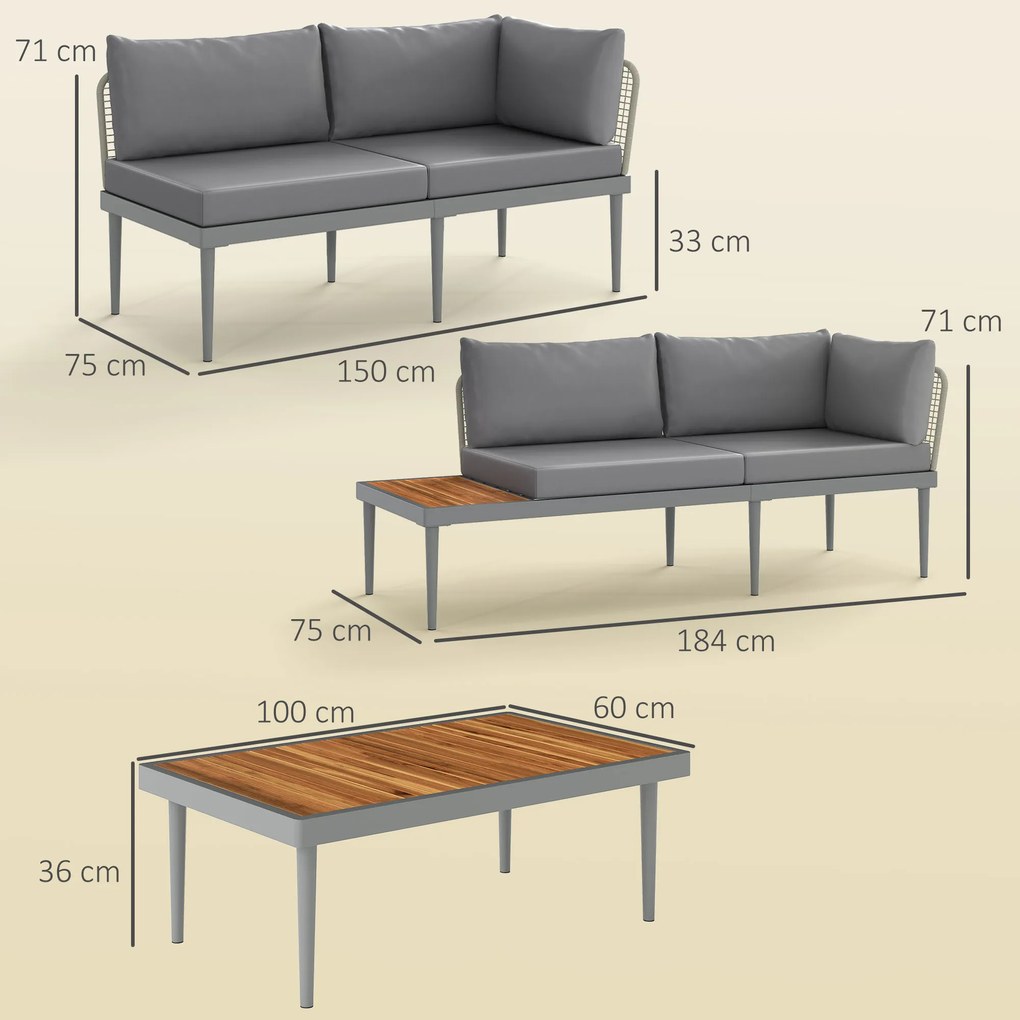 Outsunny Set de Mobilier de Grădină din 3 Piese cu 2 Canapele și Măsuță de Cafea, 184x75x71 cm, Gri | Aosom Romania
