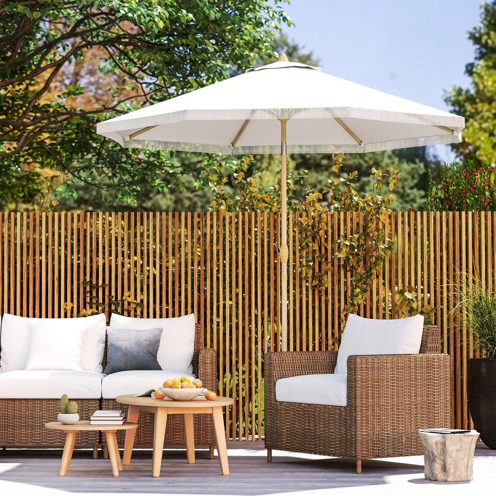 Outsunny Parasol de gradina inclinabil cu manivela si franjuri, stil boem, 8 spirote, Ø 265 x 244 cm alb | Aosom Romania