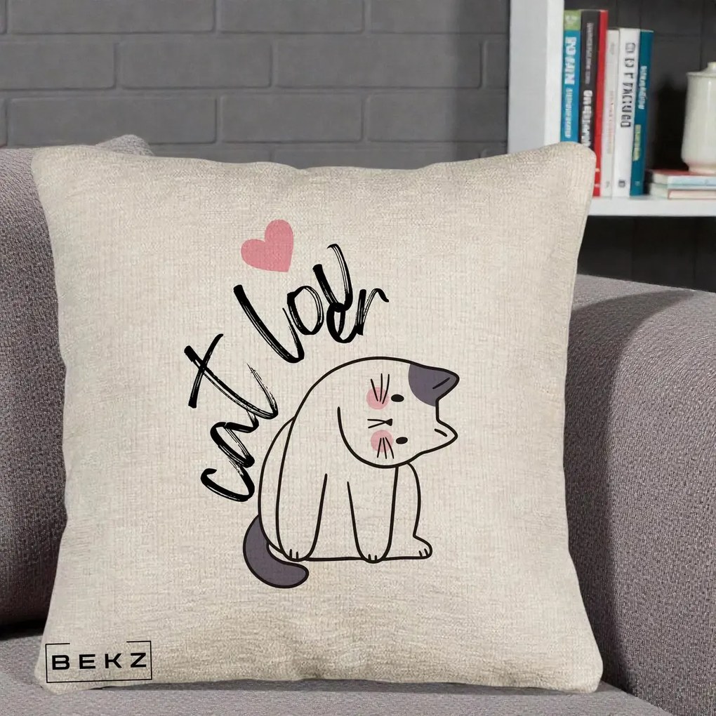 Perna Personalizata Cat Lover Pisica Ilustratie Linie, 40x40 cm, Bej Canapea, Husa Detasabila, Perna Inclusa, BEKZ®