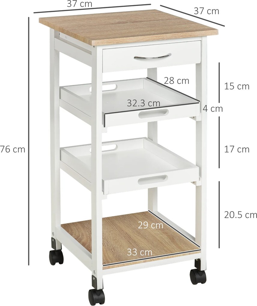 HOMCOM Căruț de servire căruță de bucătărie pe roți 2 tavane detașabile, sertar, raft stejar deschis lemn de pin alb | Aosom Romania