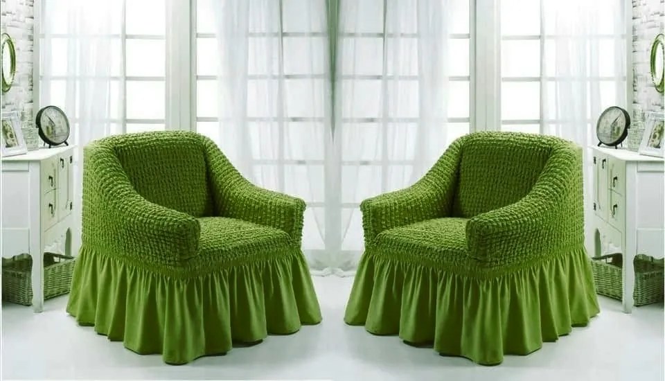 Set 2 huse elastice si creponate pentru fotolii, cu volanas, culoare Verde