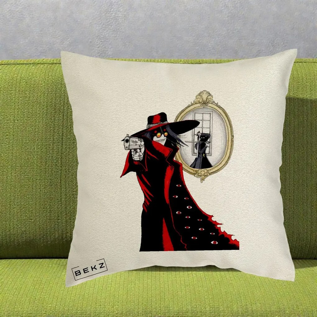 Perna Personalizata Hellsing Alucard cu Pistoale, 40x40 cm, Ecru, Husa Detasabila, Perna Inclusa, BEKZ®