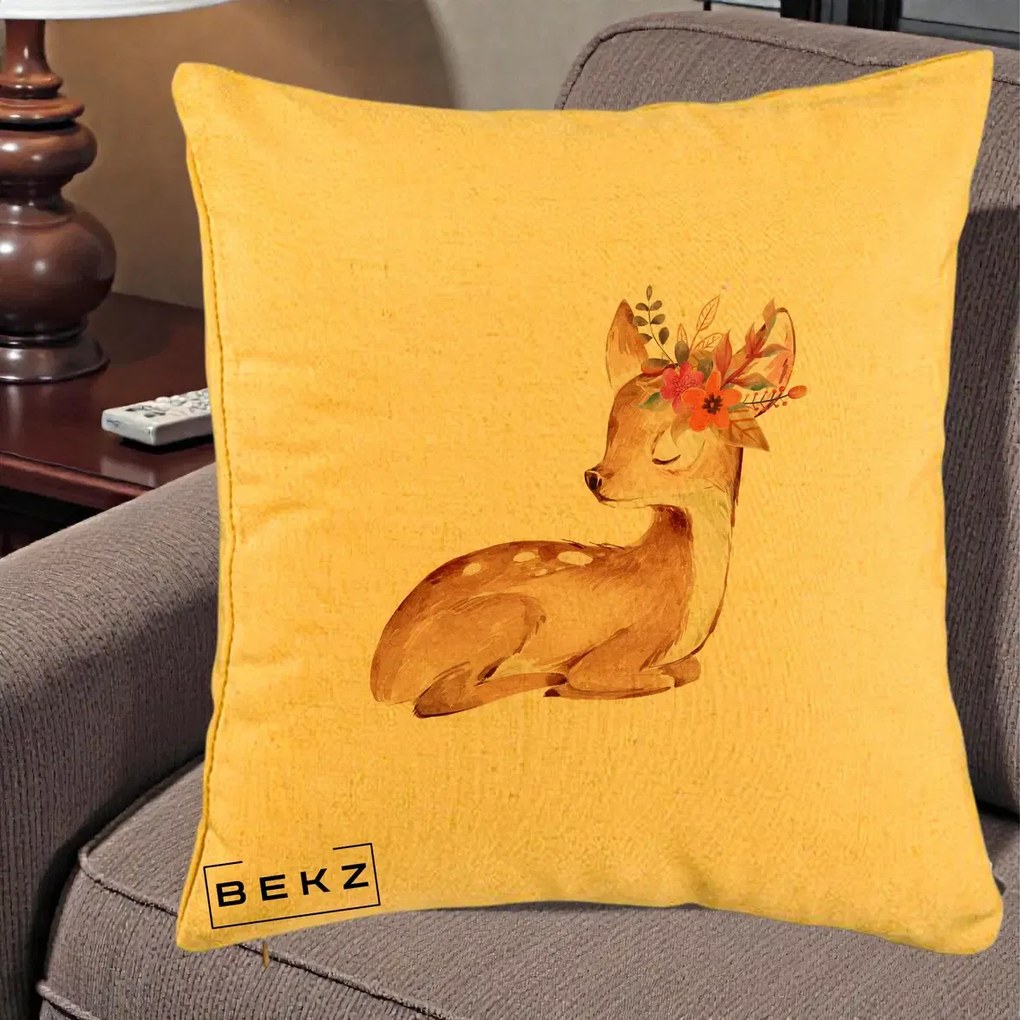 Perna Decorativa Caprioara cu Flori in Coama, 40x40 cm, Galben, Husa Detasabila, Perna Inclusa, BEKZ®