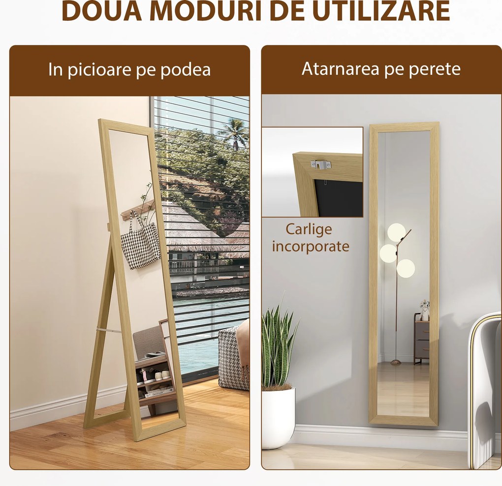 HOMCOM Oglindă cu Ramă din MDF, Picioare și Cârlige pentru Utilizare pe Podea sau pe Perete, 37x40x155 cm, Lemn Natural | Aosom Romania