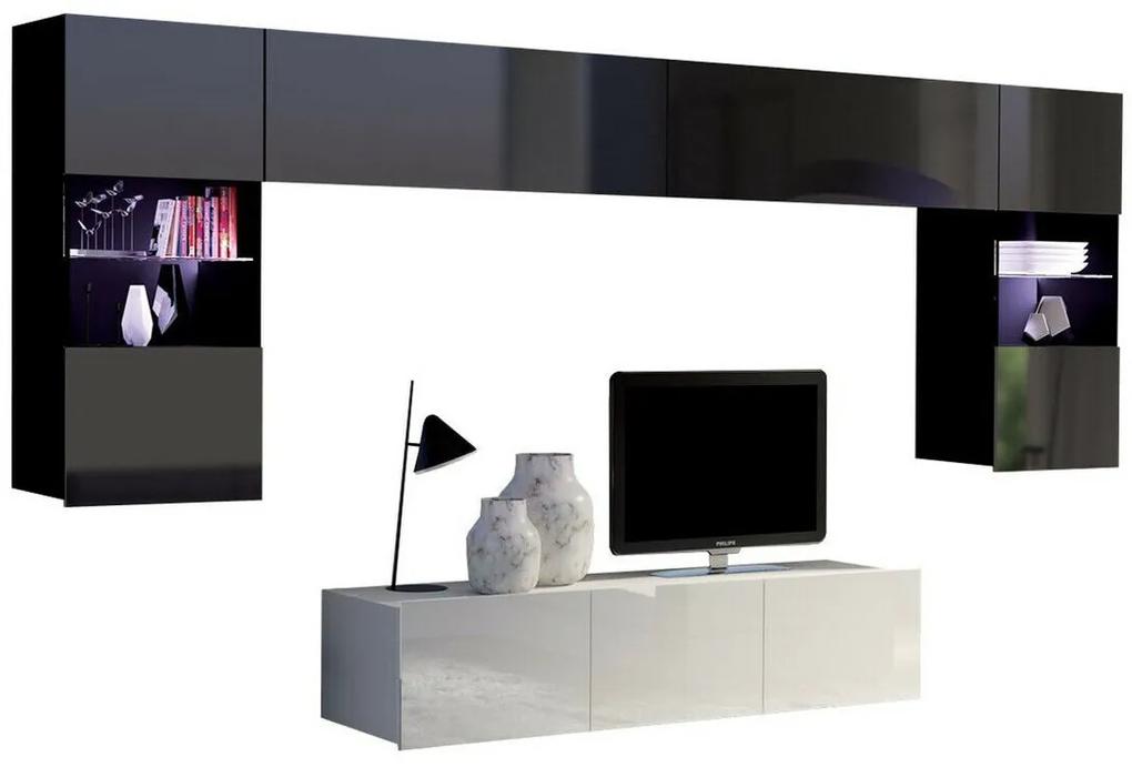 Camera de zi Providence B106Alb lucios, Negru lucios, Cu comodă tv, Cu componente suplimentare, Părți separate, PAL laminat, 300x43cm, 97 kg
