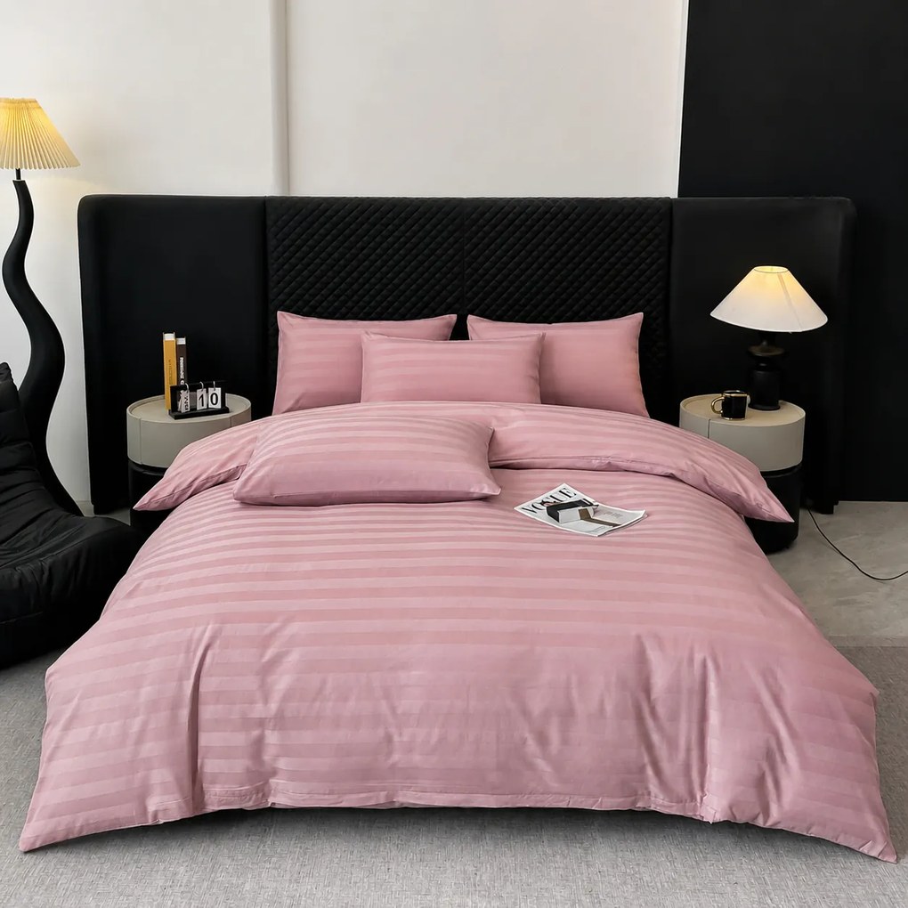 Lenjerie Premium Damasc, bumbac 100%, 6 piese, pat 2 persoane, roz
