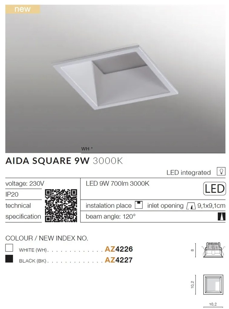 Spot LED incastrabil tavan/plafon AIDA SQUARE 9W alb