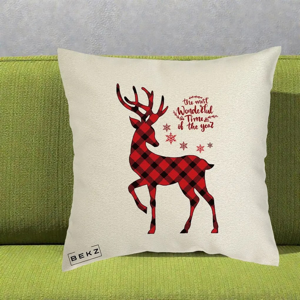 Perna Decorativa Ren Buffalo Plaid Craciun, 40x40 cm, Ecru, Husa Detasabila, Perna Inclusa, BEKZ®