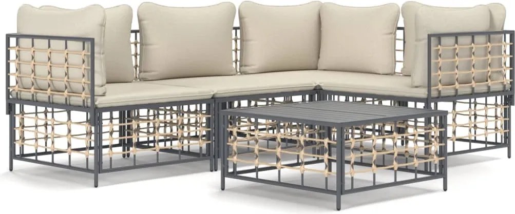 vidaXL Set șezlonguri de grădină 5 piese cu perne, antracit, poliratan