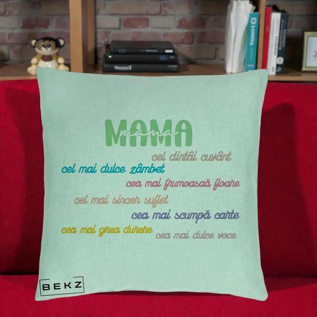 Perna personalizata mama: Mama, cel dintai cuvant, text colorat, 40x40 cm cu Umplutura, Verde Menta, BEKZ
