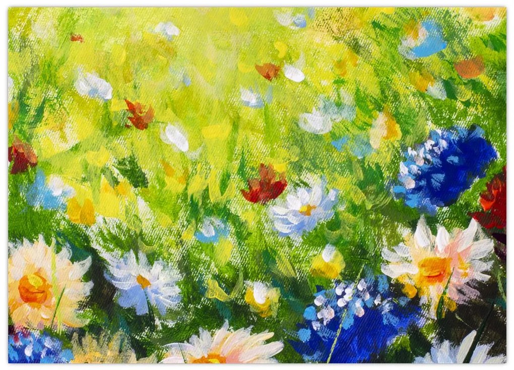 Tablou pe sticlă - Pictură în ulei, pajiște înflorită (70x50 cm)