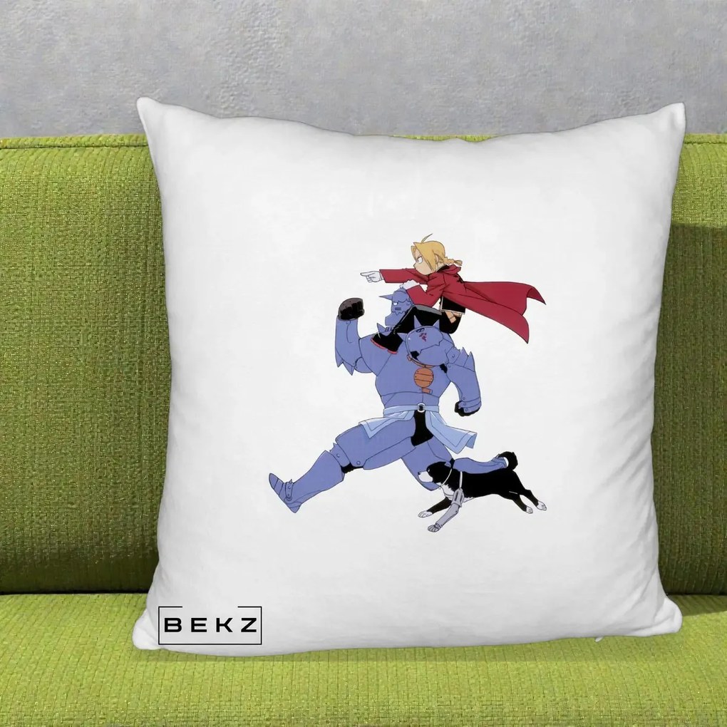 Perna Personalizata Fullmetal Alchemist Edward si Alphonse, 40x40 cm, Alb Pufos, Husa Detasabila, Perna Inclusa, BEKZ®