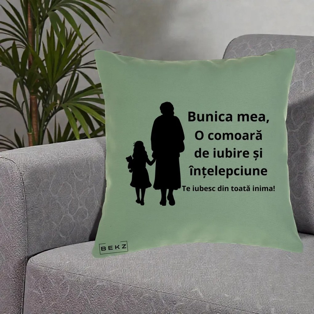 Cadou pentru Bunica - Perna Personalizata Bunica Mea Comoara Iubire Intelepciune Silueta, 40x40 cm, Verde, Husa Detasabila, Perna Inclusa, BEKZ®