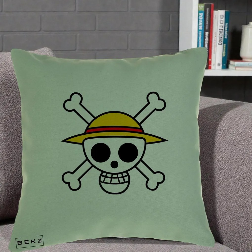 Perna Personalizata One Piece Jolly Roger Straw Hat Pirates, 40x40 cm, Verde, Husa Detasabila, Perna Inclusa, BEKZ®