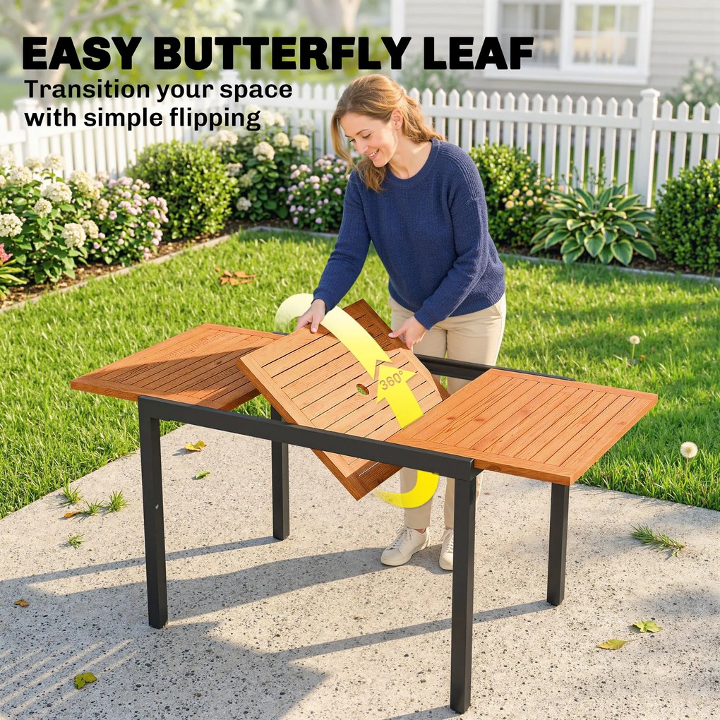 Outsunny Masă de Grădină Extensibilă 100/150x70 cm din Lemn și Metal cu Orificiu pentru Umbrelă pentru 4-6 Persoane Teak | Aosom Romania