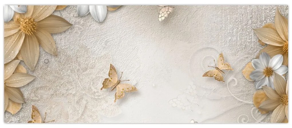 Tablou - Flori cu fluturi (120x50 cm)