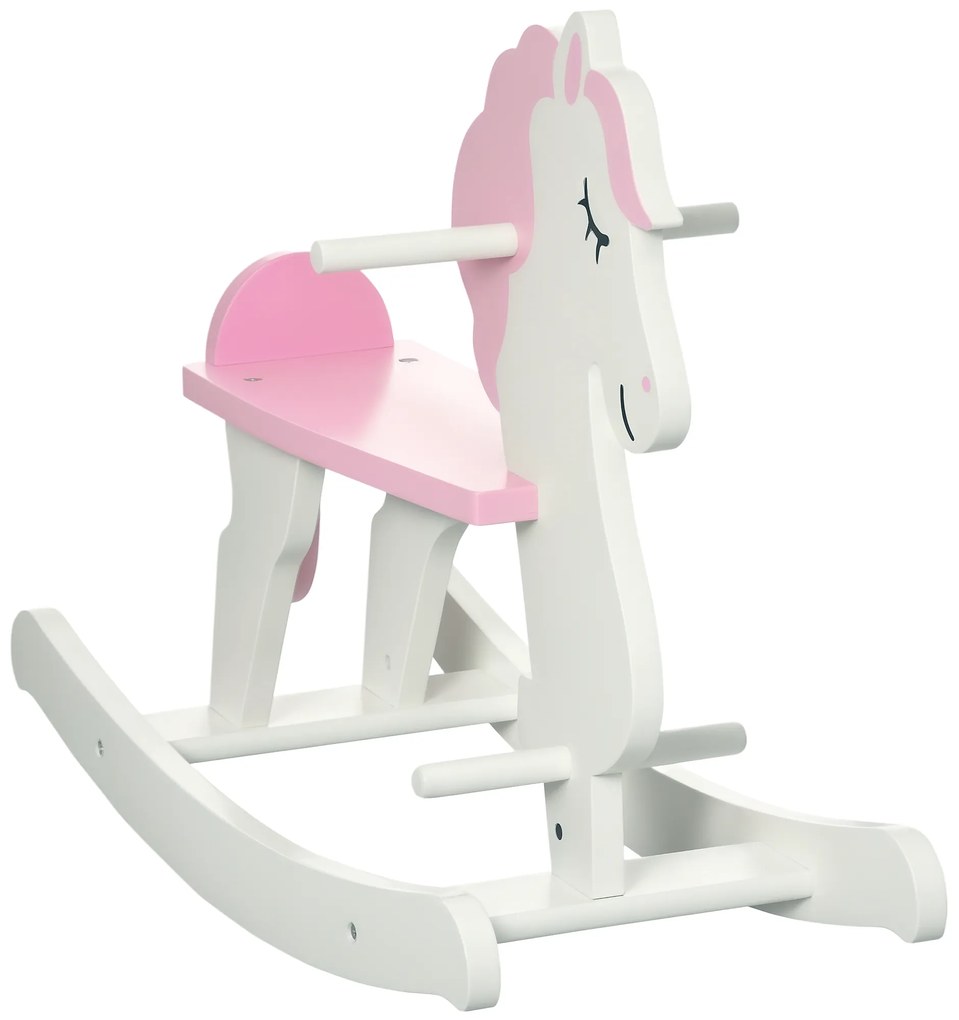HOMCOM Căluț Balansoar pentru Copii de 1-3 Ani din Lemn cu Ghidon și Pedale Suport 50 kg 68x27x46,5 cm Alb și Roz | Aosom Romania