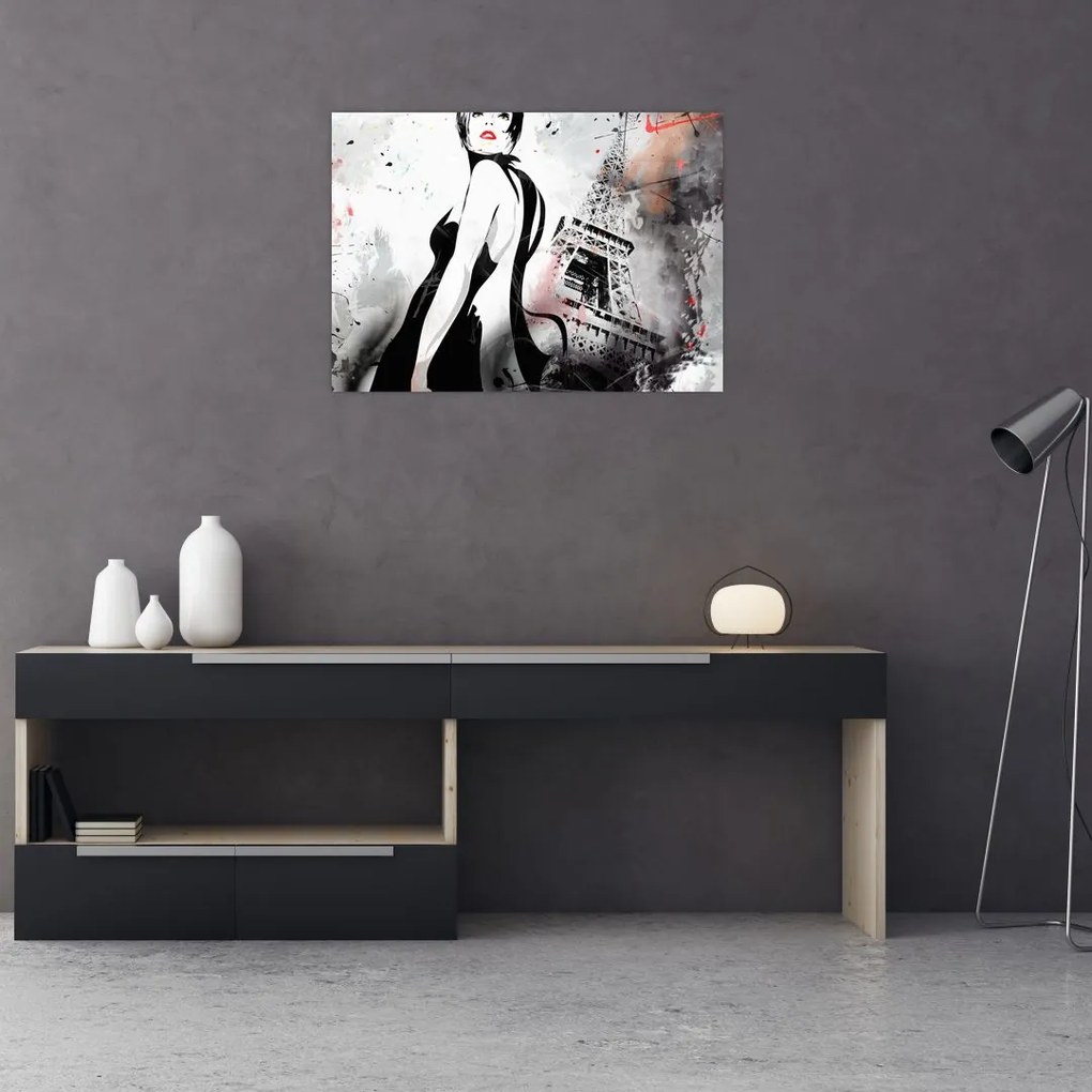 Tablou pe sticlă - Doamna și Turnul Eiffel (70x50 cm)