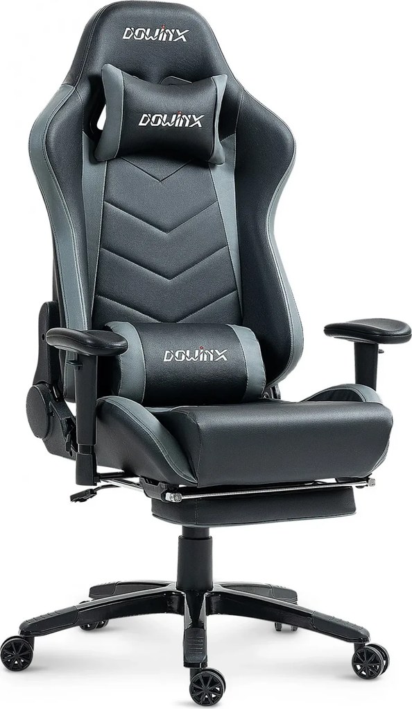 RESIGILAT- DOWINX Scaun gaming, ergonomic, suport lombar cu masaj, spătar rabatabil 90-180°, cotiere reglabile, suport pentru picioare, rezistent 150 kg, piele PU, Negru/Gri