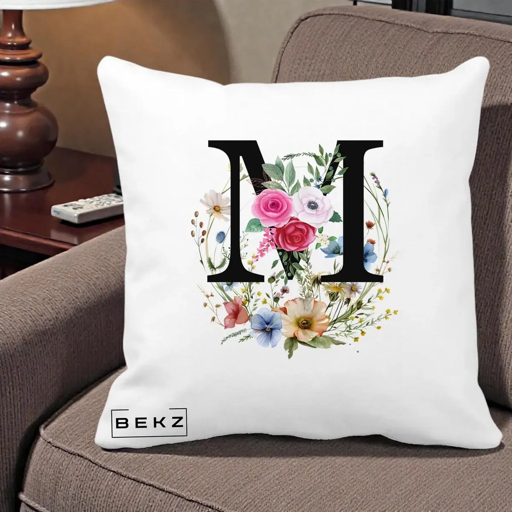 Cadou Personalizat - Perna Personalizata Monogram Litera M cu Flori Acuarela, 40x40 cm, Alba Mata, Husa Detasabila, Perna Inclusa, BEKZ®