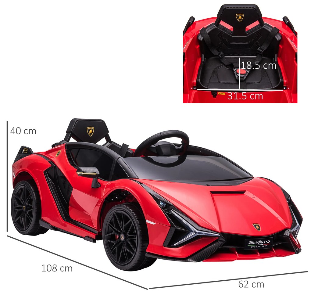 Masina electrica HOMCOM pentru copii 12V Lamborghini, telecomanda, viteza 3-8 km/h, 108x62x40cm, Rosie | Aosom Romania