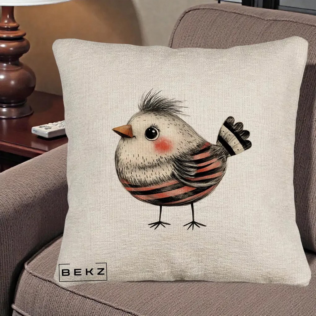 Perna Decorativa Pui Expresiv Dungi Negru-Rosu, 40x40 cm, Bej Canapea, Husa Detasabila, Perna Inclusa, BEKZ®