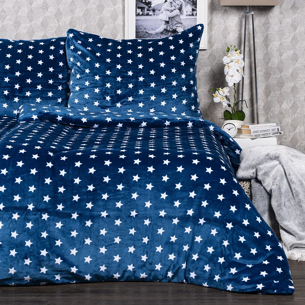 Lenjerie pat 1 pers.,4Home microflanel Stars albastru, 160 x 200 cm, 70 x 80 cm